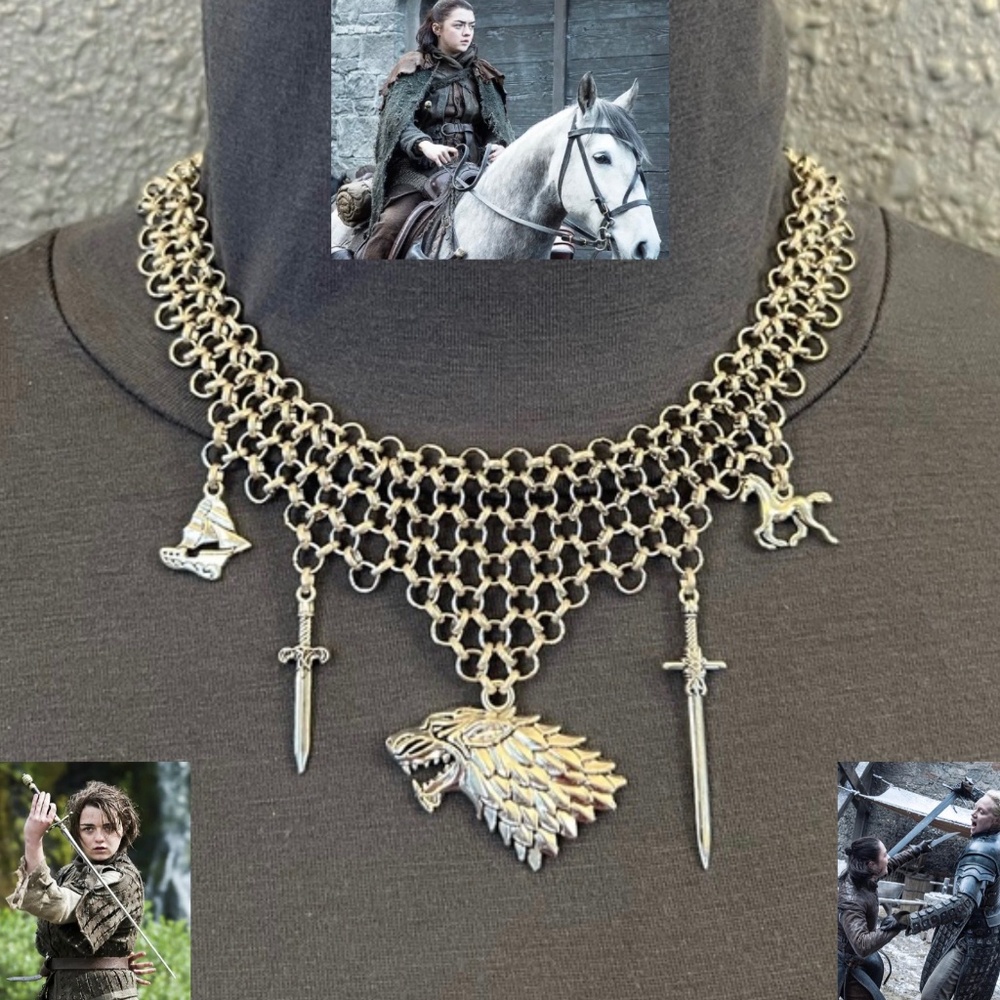 Arya Stark Handmade Chainmail Character Necklace Game of Thrones Direwolf